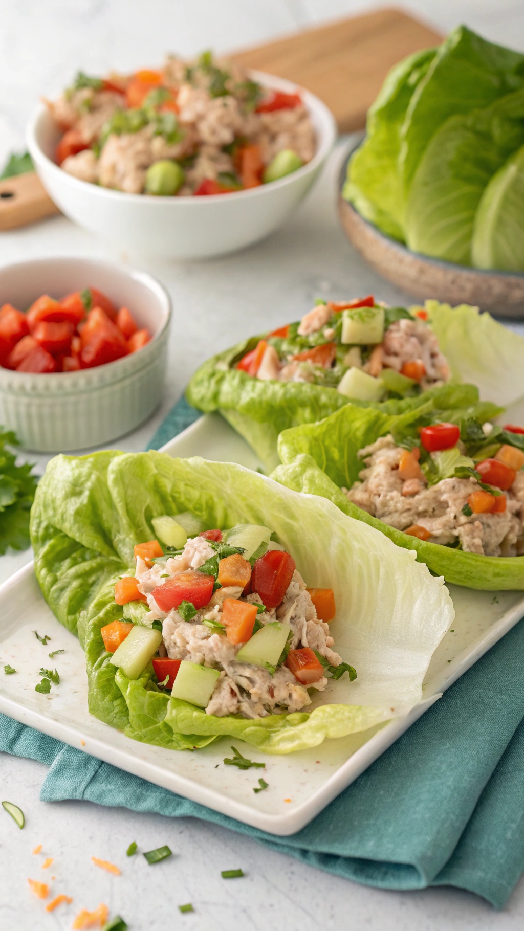 Tuna salad lettuce wraps with diced vegetables on a plate