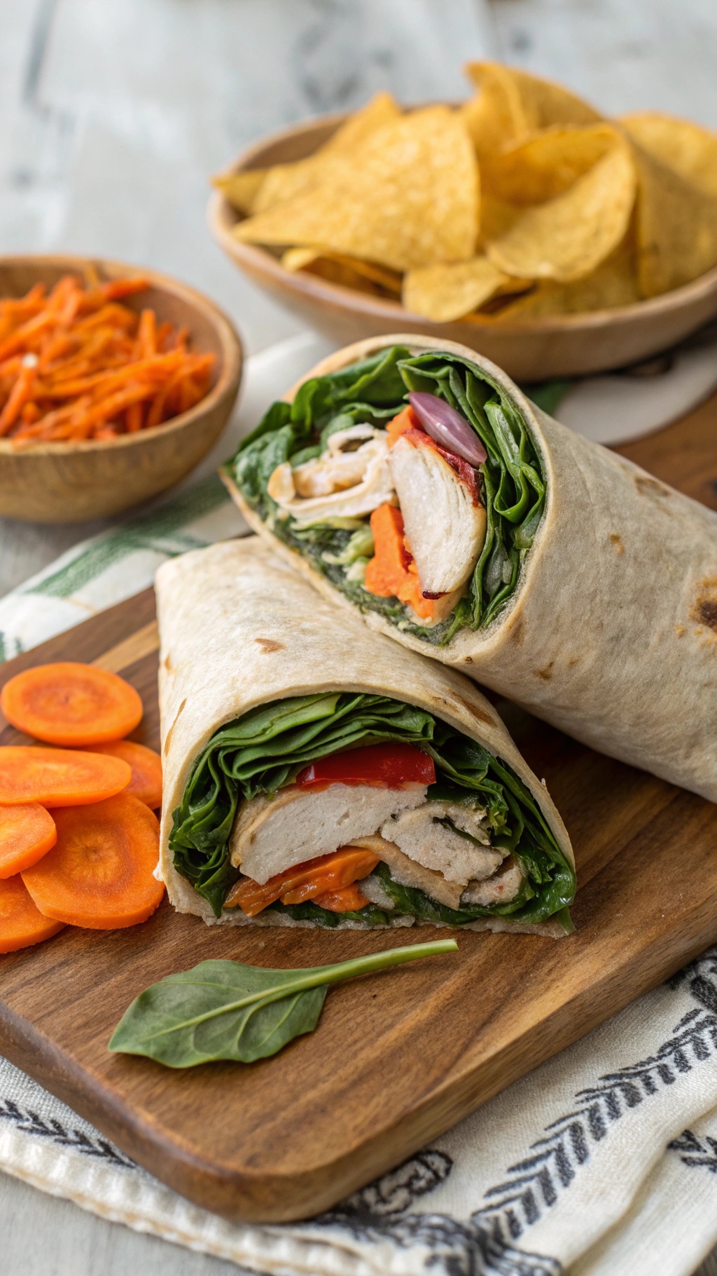Turkey and spinach wraps with colorful vegetables on a wooden board