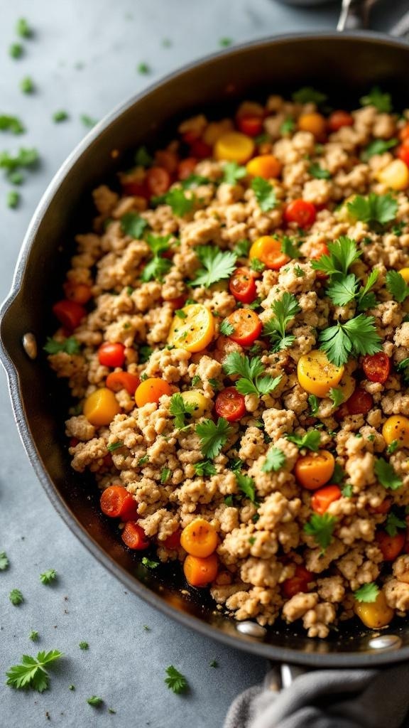 A colorful turkey and vegetable skillet filled with ground turkey, cherry tomatoes, and fresh herbs.