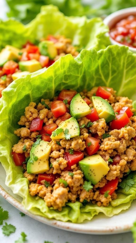 Turkey taco lettuce wraps filled with ground turkey, diced tomatoes, zucchini, and bell peppers.