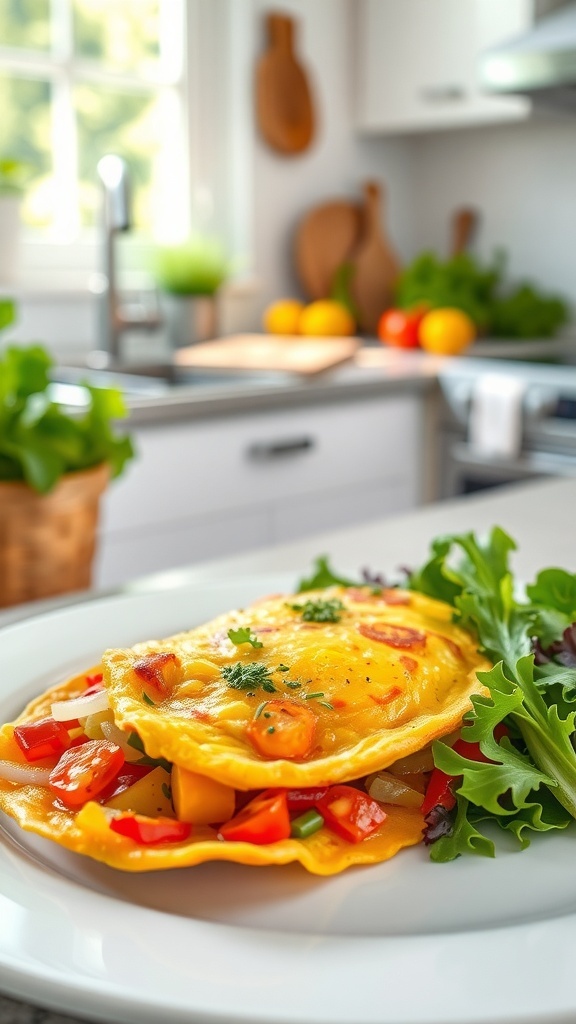 A colorful veggie omelette with fresh herbs, served on a plate with greens.