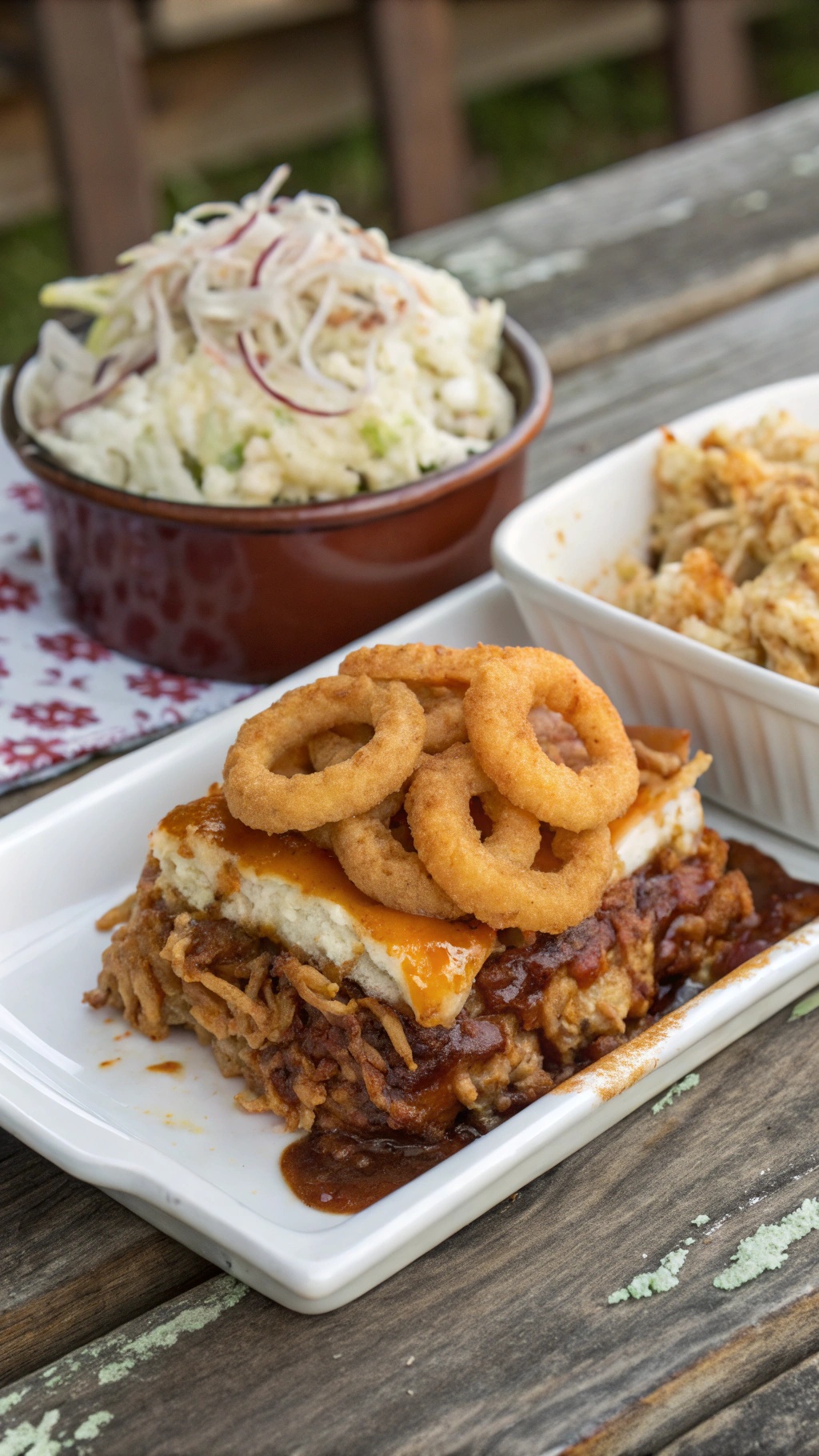 A delicious BBQ Chicken Casserole topped with crispy onion rings, served with coleslaw and a cheesy side.