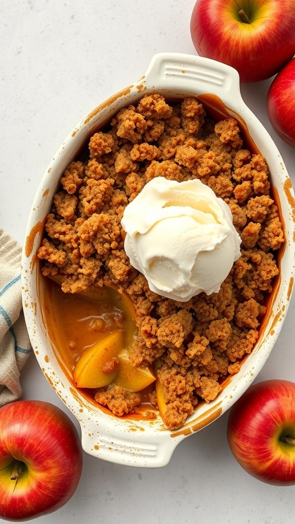 A delicious nut-free apple crisp topped with ice cream, surrounded by fresh apples.