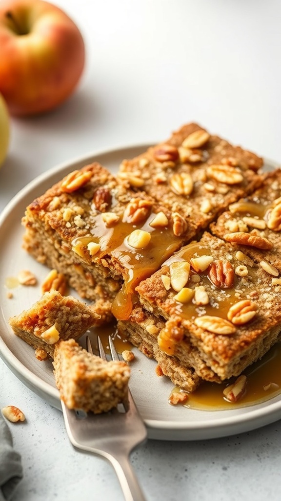 A plate of apple oatmeal bake topped with pecans and syrup, with fresh apples in the background.