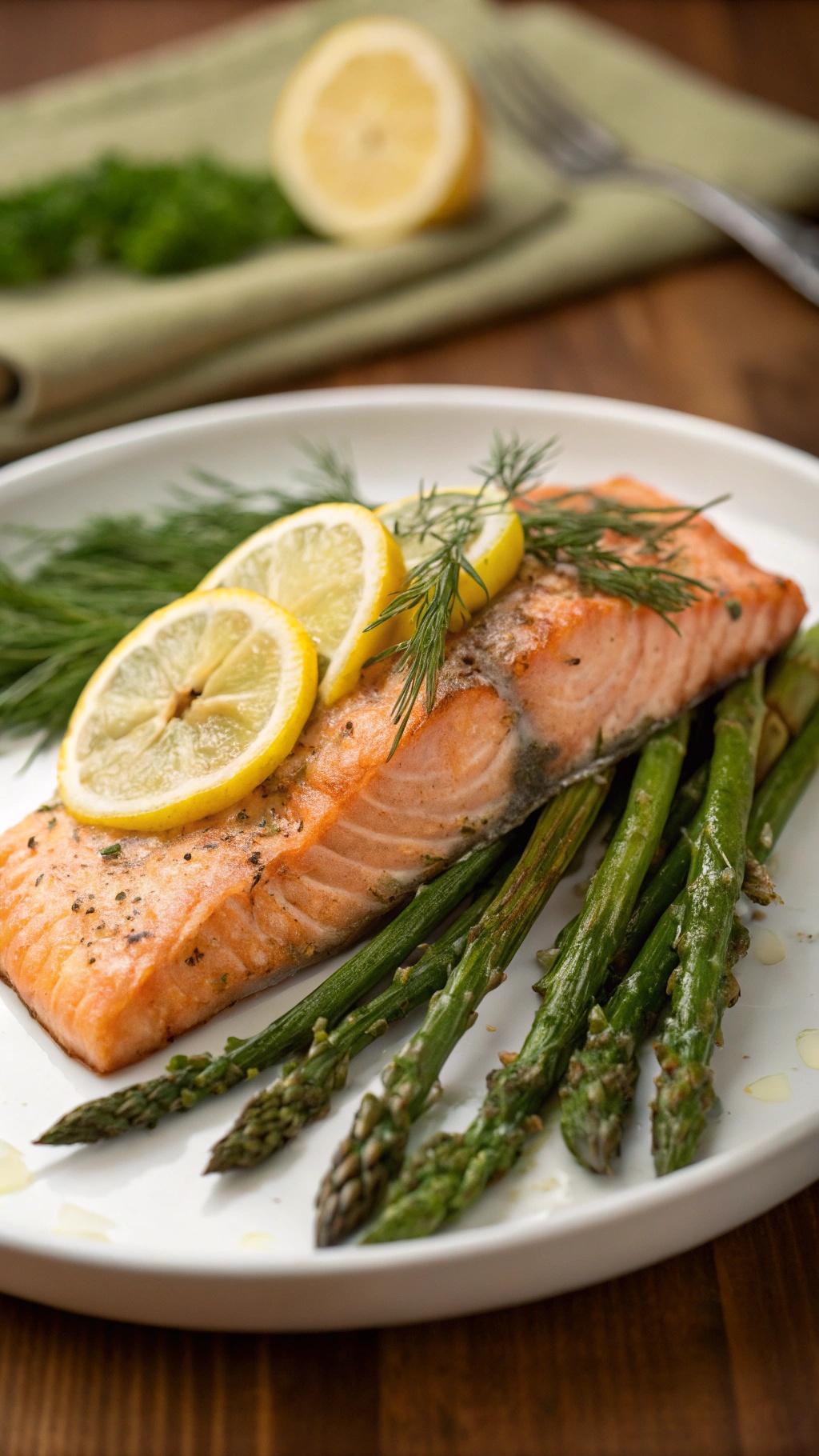 Baked salmon with asparagus and lemon slices on a plate