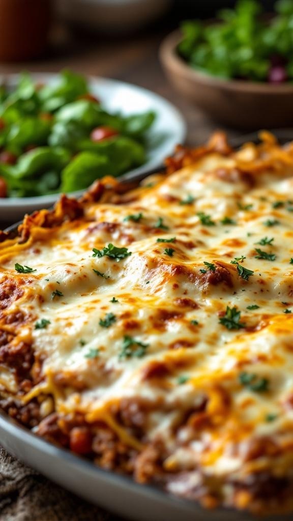 A delicious cabbage lasagna with layers of meat sauce and melted cheese, served with a fresh salad.