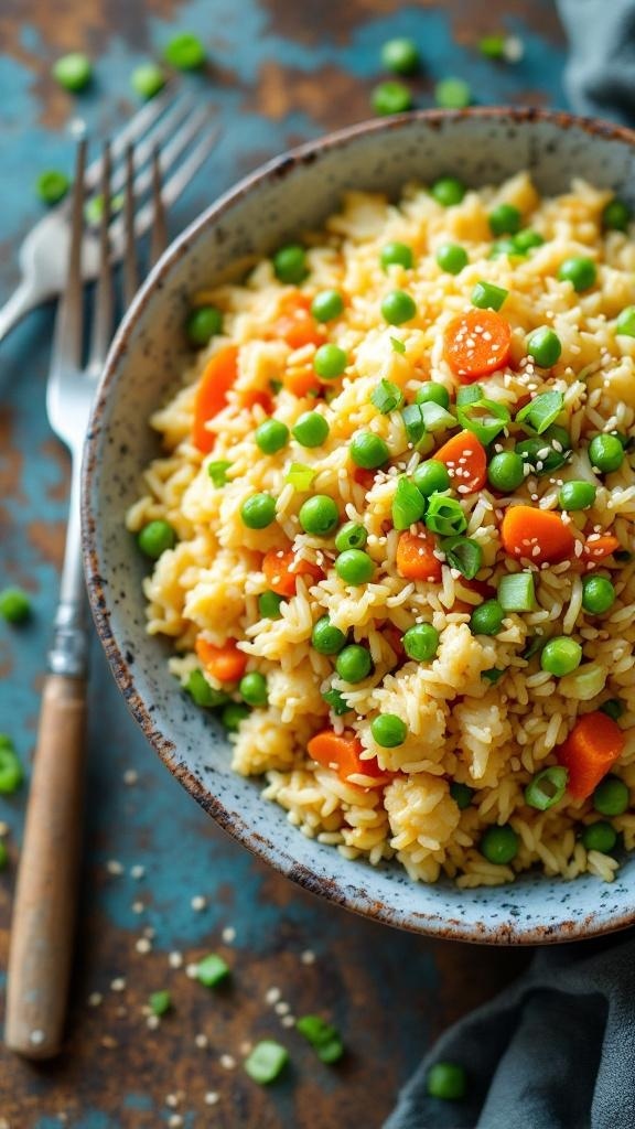A bowl of cauliflower fried rice with peas and carrots, garnished with green onions.