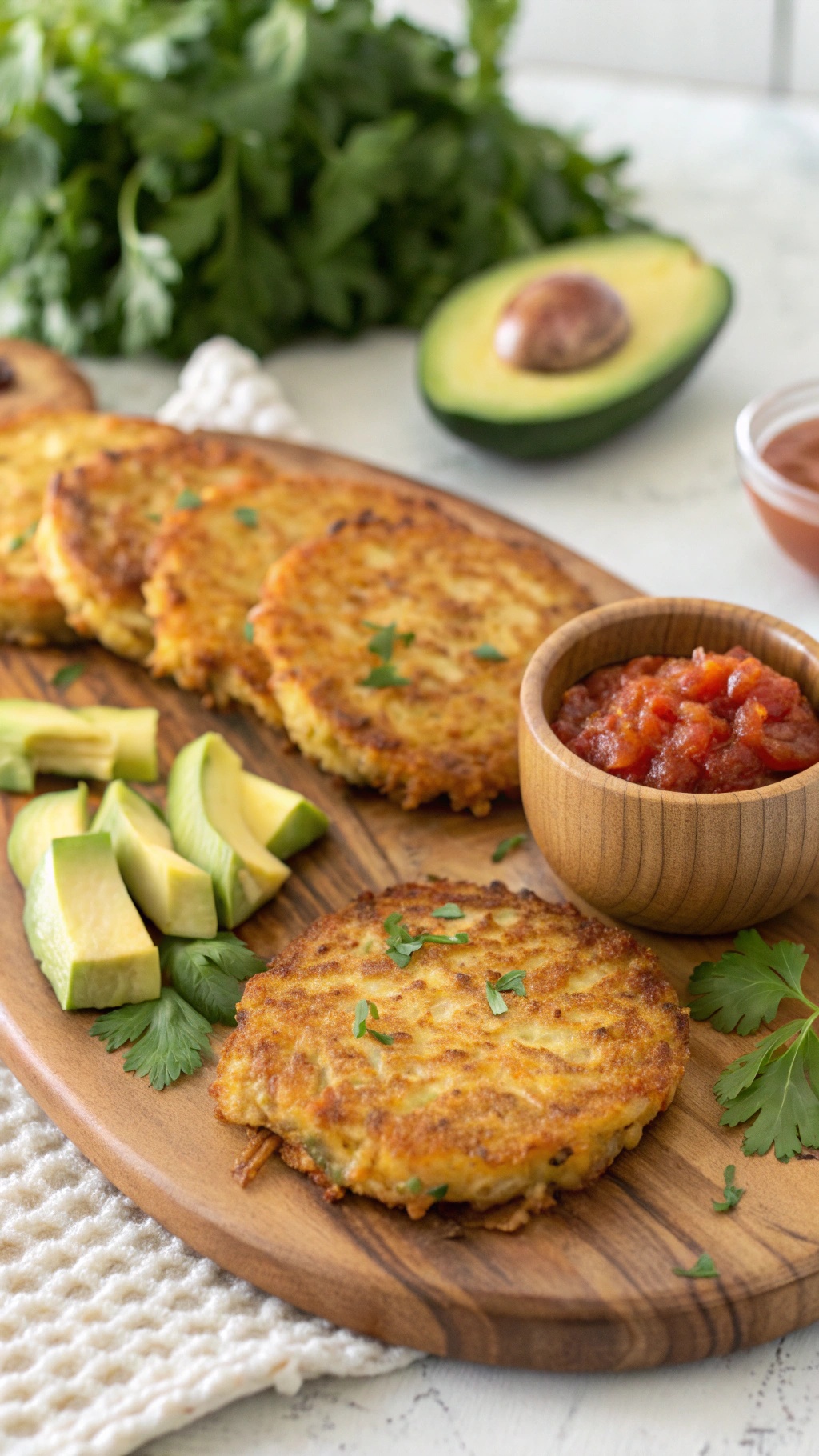 Crispy cauliflower hash browns served with avocado and salsa on a wooden platter.