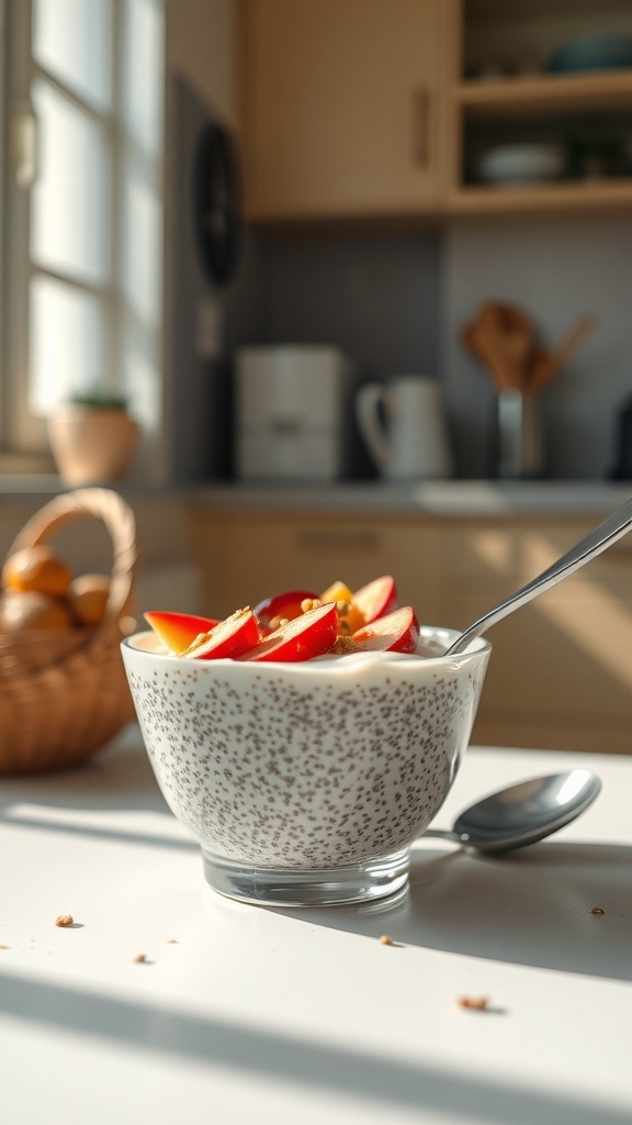 A bowl of chia seed pudding topped with sliced apples and nuts.