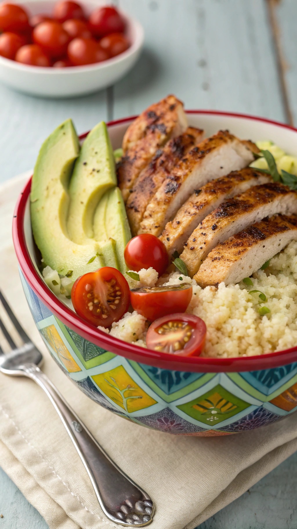 A colorful chicken and cauliflower rice bowl with avocado and cherry tomatoes.