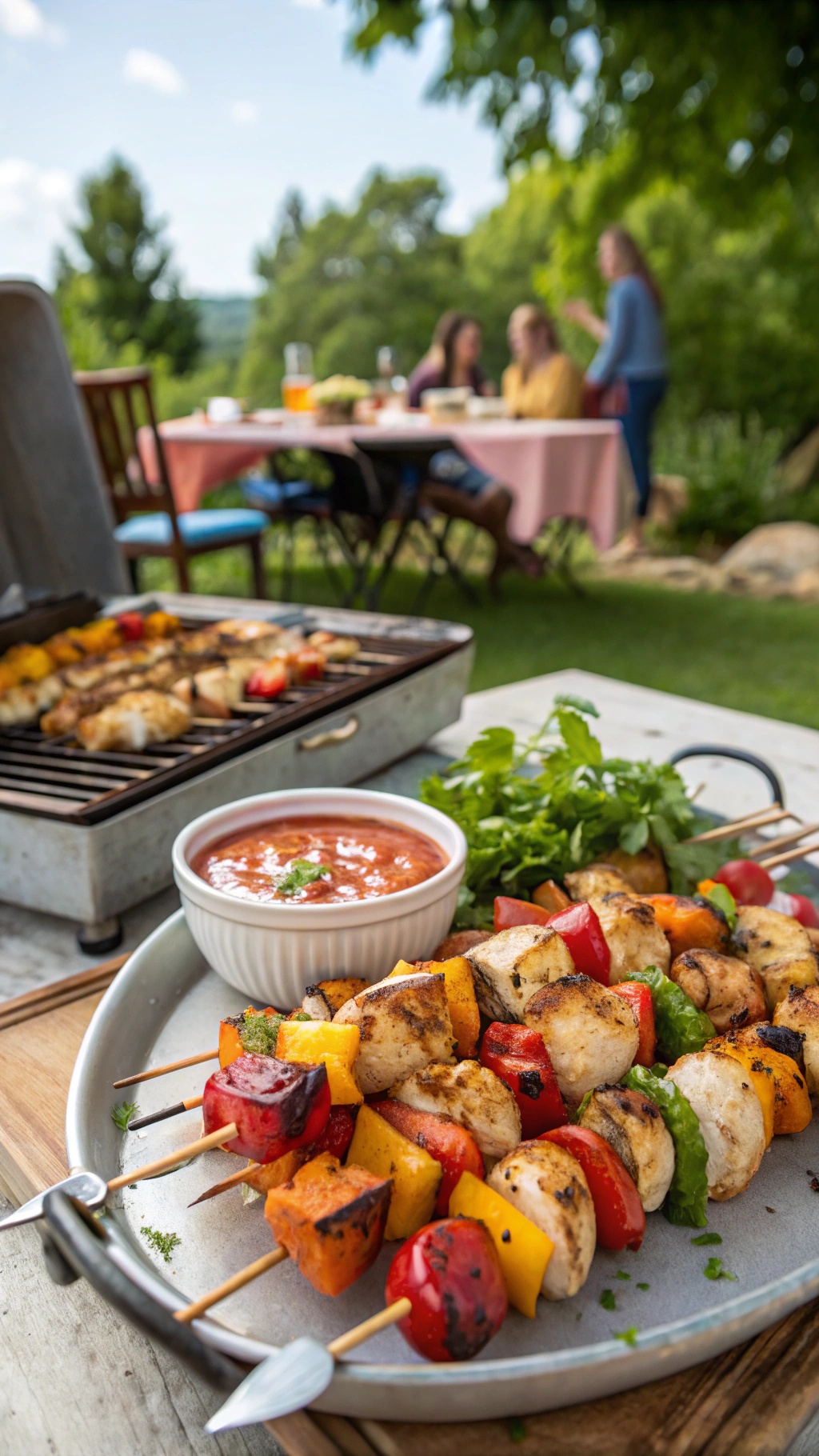 A platter of chicken and vegetable skewers ready for grilling, with a bowl of dipping sauce on the side.