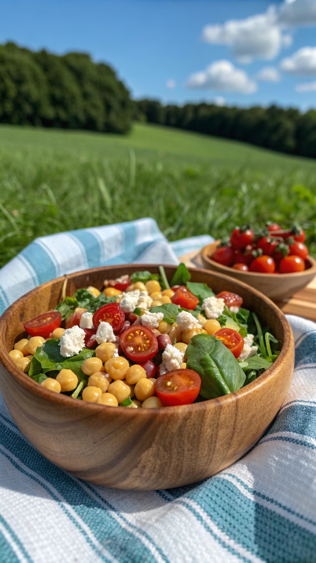 Chickpea salad with feta and spinach in a wooden bowl, with cherry tomatoes in the background.