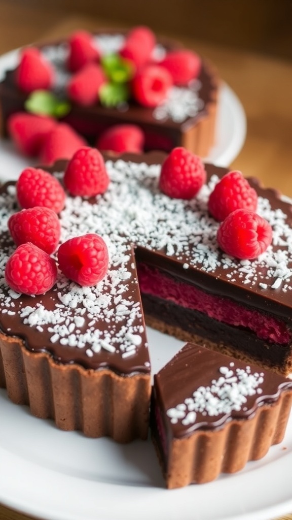 A chocolate raspberry tart with fresh raspberries on top, showcasing layers of chocolate filling.