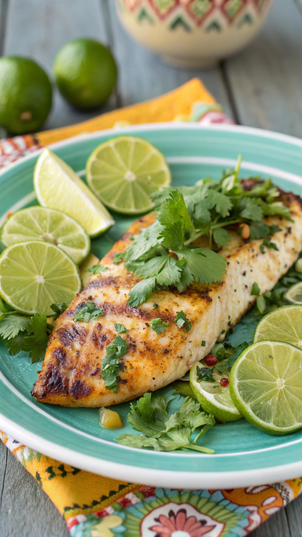 Grilled fish fillet garnished with cilantro and lime slices on a colorful plate.