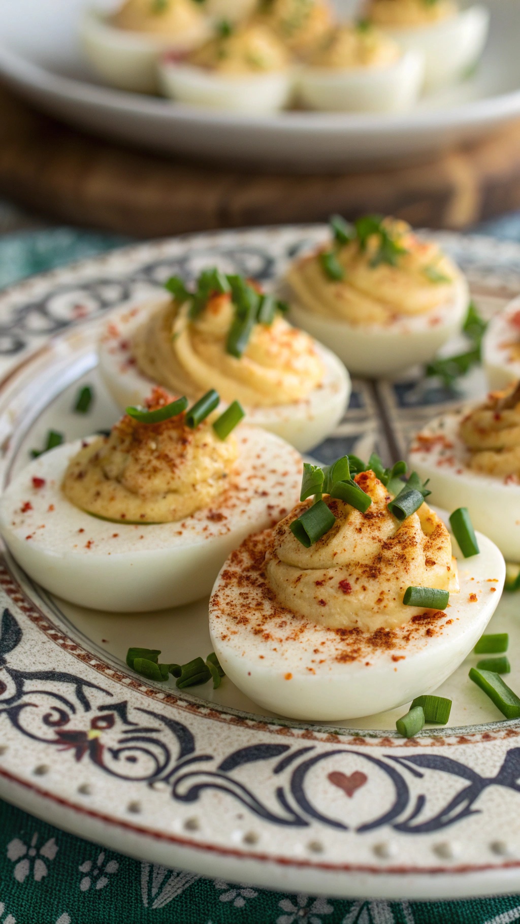 A plate of deviled eggs garnished with paprika and chives.