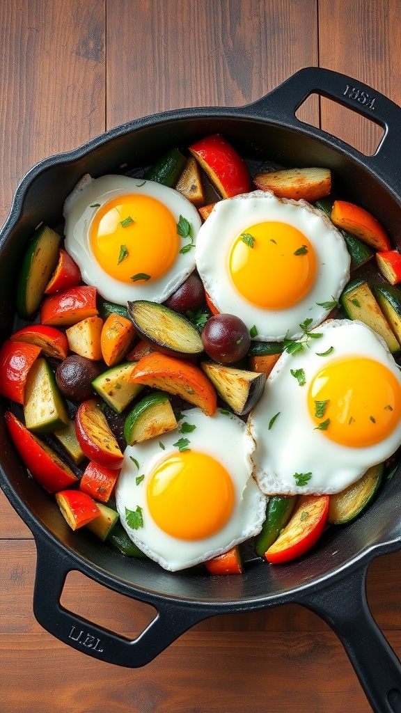 A colorful breakfast skillet with eggs and assorted vegetables.