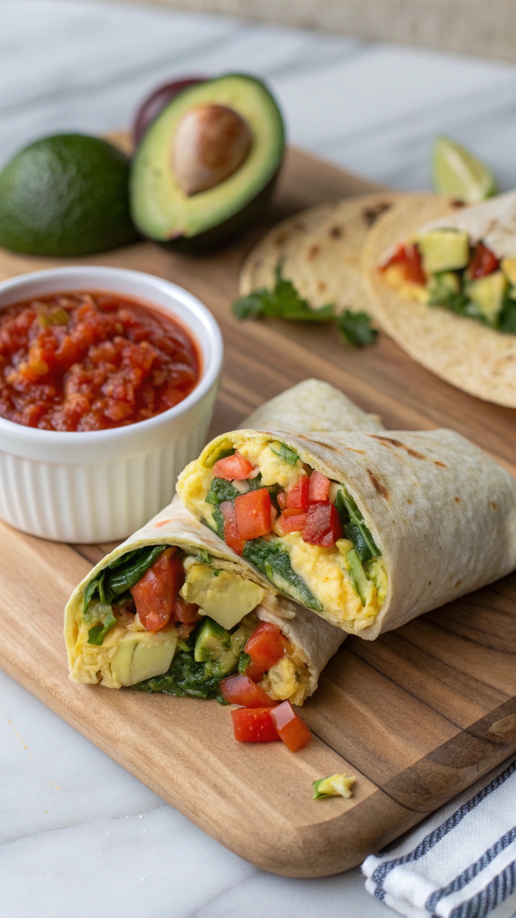 Egg and veggie breakfast wraps with salsa and avocado