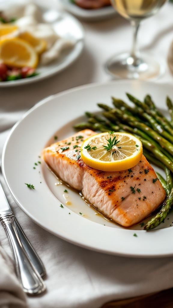 A plate of grilled salmon with lemon and asparagus, served elegantly.