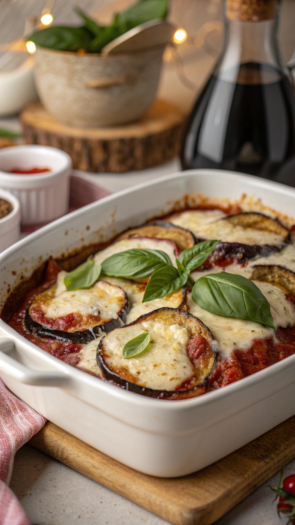 A delicious Eggplant Parmesan Bake with layers of eggplant, cheese, and marinara sauce, garnished with fresh basil.