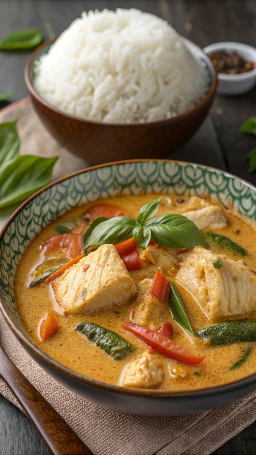 A bowl of Thai fish curry with jasmine rice, garnished with fresh basil.