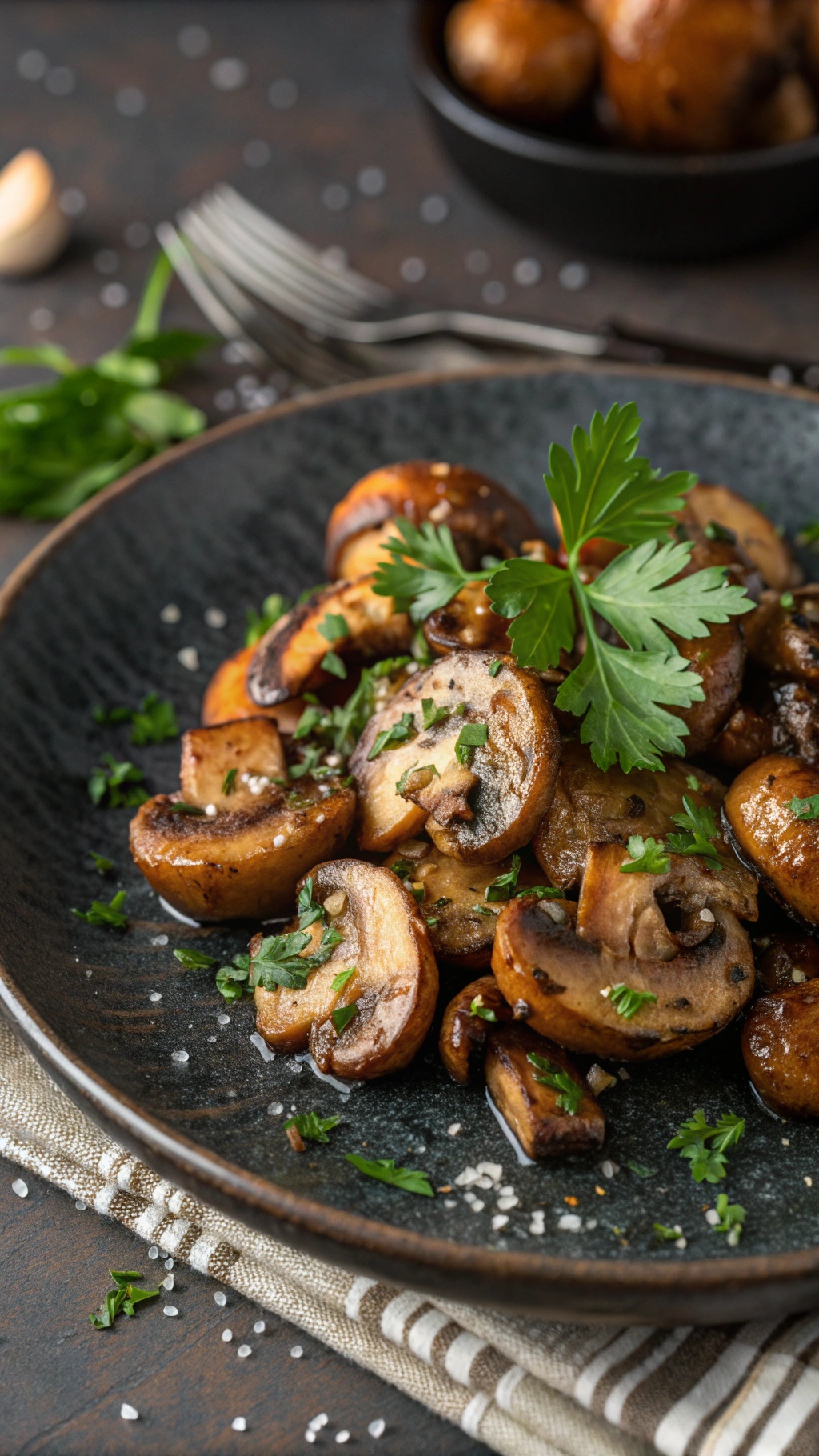 A plate of garlic roasted mushrooms garnished with parsley.