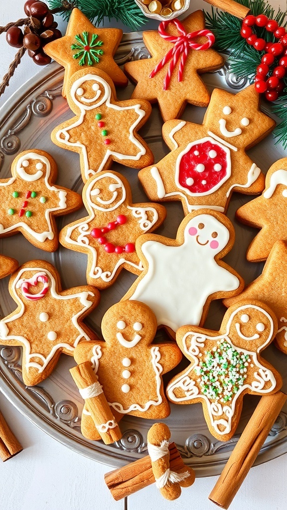 A festive display of gingerbread cookies decorated with icing and sprinkles, surrounded by holiday decorations.