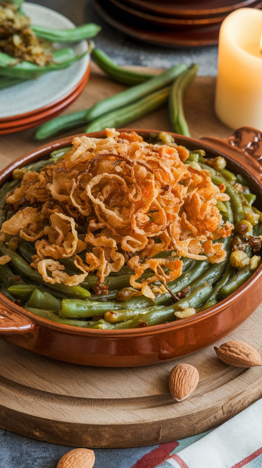 A delicious green bean casserole topped with crispy fried onions, served in a rustic dish.