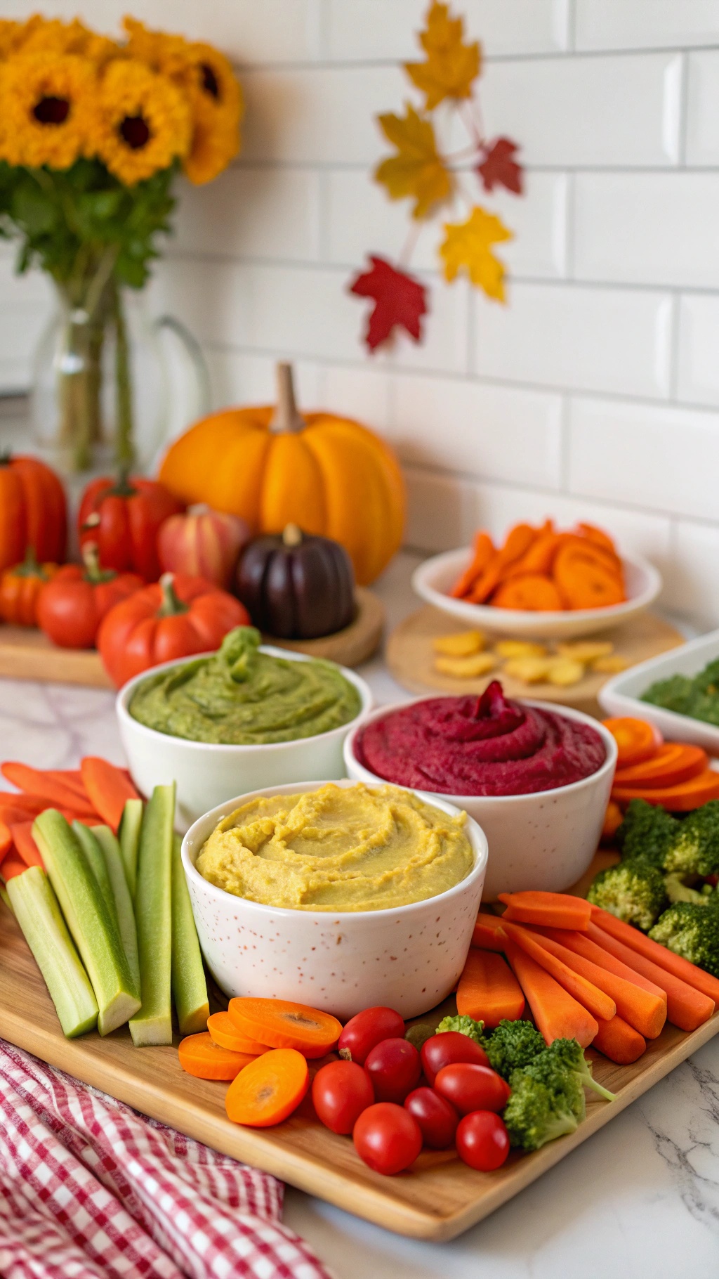 A colorful platter featuring three types of hummus and fresh vegetables, perfect for Thanksgiving appetizers.