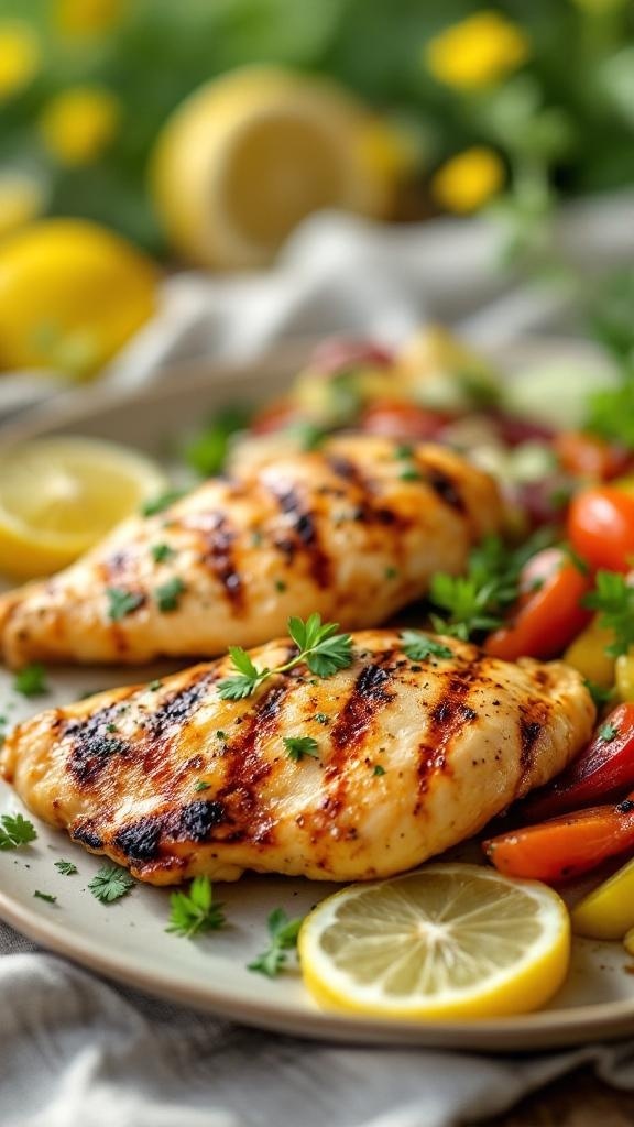 Grilled chicken breasts garnished with herbs and lemon slices on a plate
