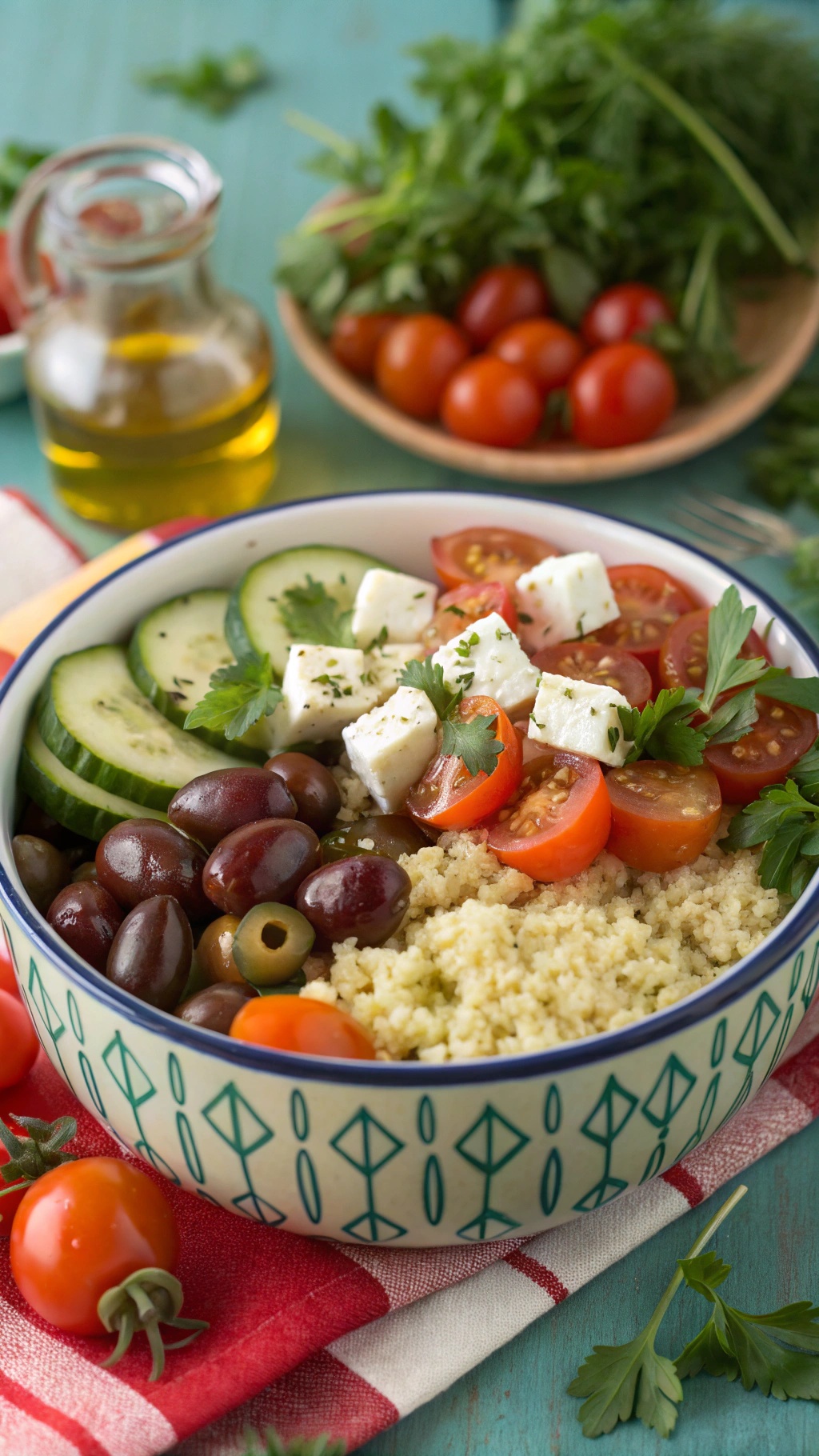 A colorful Mediterranean couscous bowl with fresh vegetables, olives, and feta cheese.