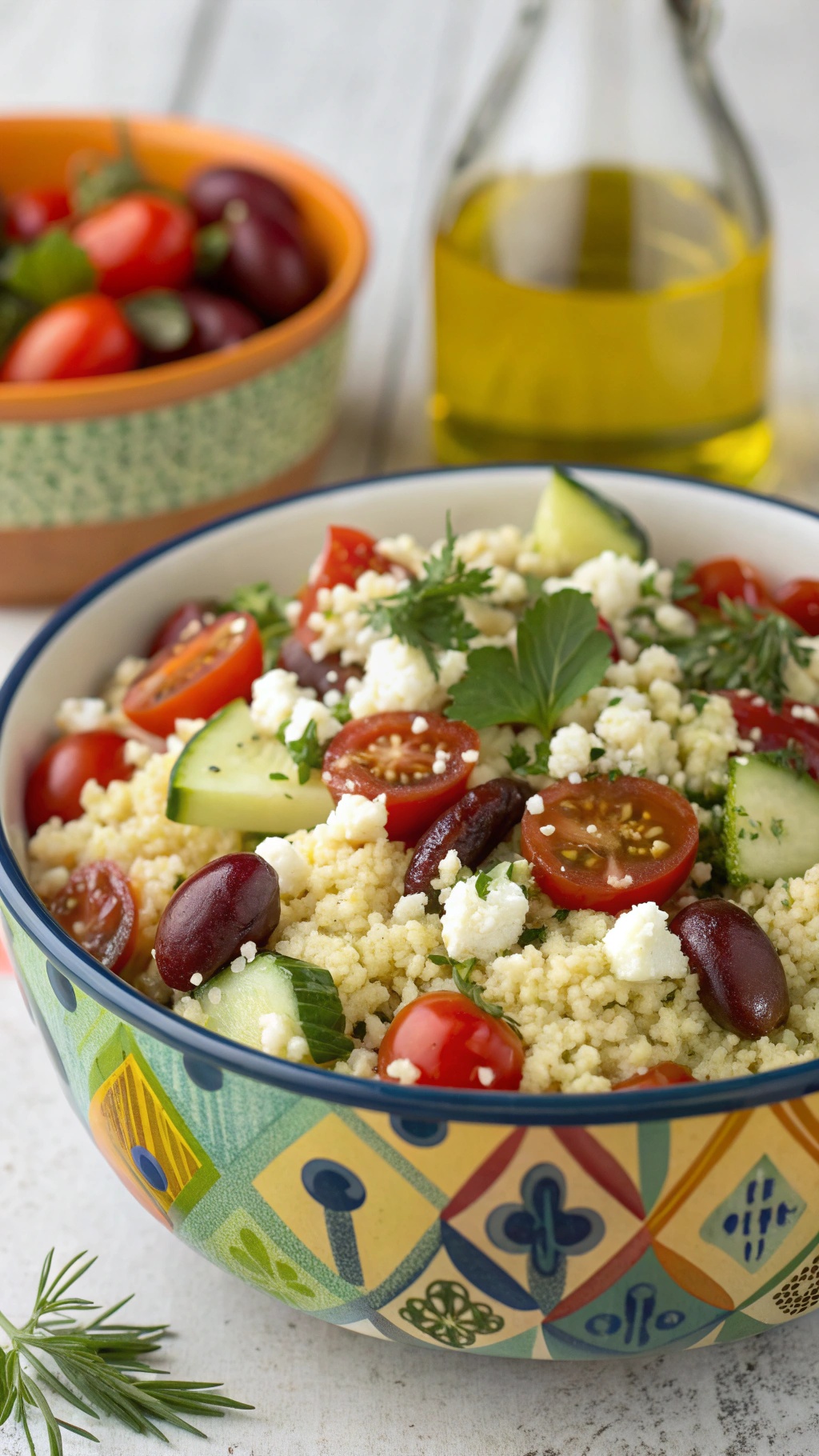 A colorful Mediterranean couscous salad with cherry tomatoes, cucumbers, olives, and feta cheese in a decorative bowl.