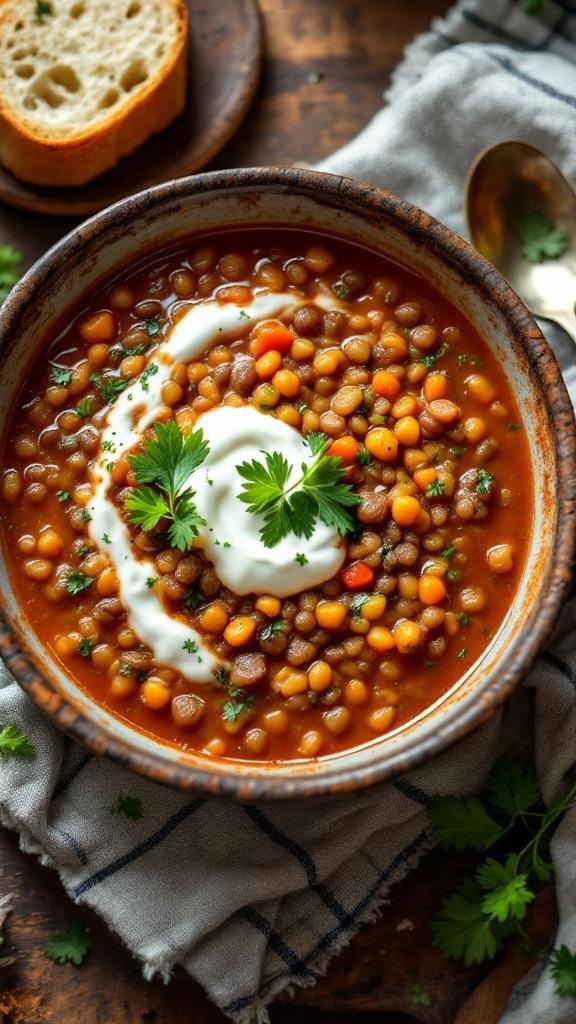 A bowl of Mediterranean lentil soup topped with yogurt and fresh herbs, served with a slice of bread.