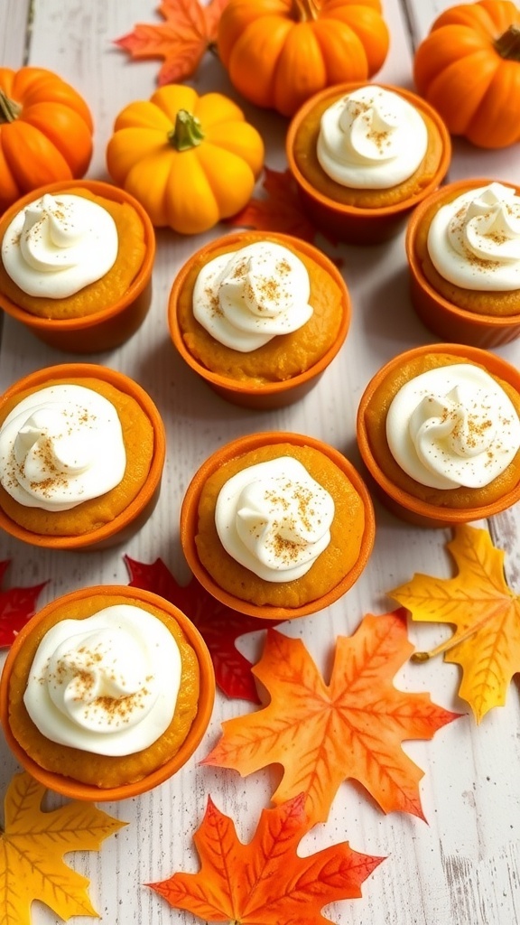 No-bake pumpkin pie cups topped with whipped cream and cinnamon, surrounded by small pumpkins and autumn leaves.