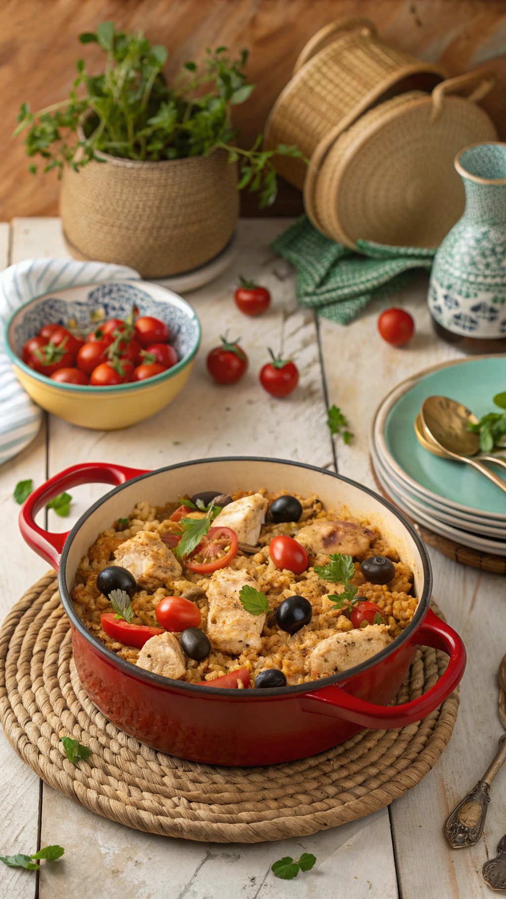 A vibrant one-pot Greek chicken and rice dish with cherry tomatoes and olives, set on a rustic table.