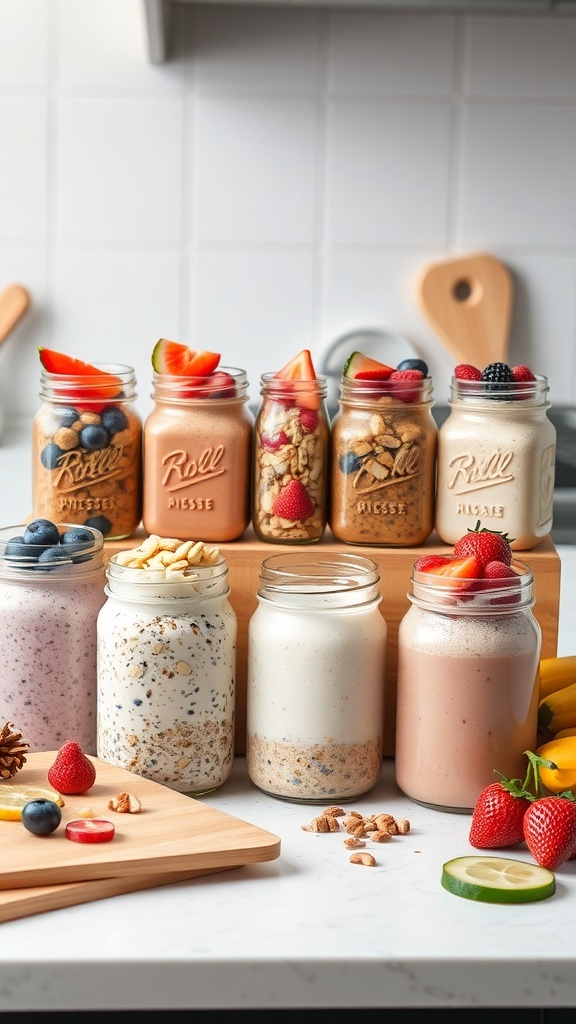 A variety of overnight oatmeal jars with fruits and toppings