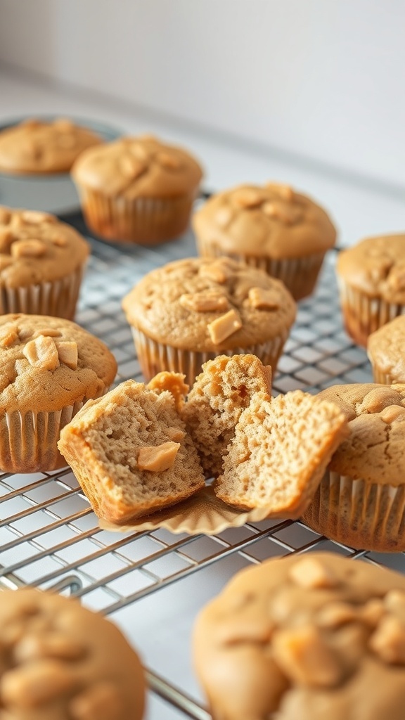 A batch of peanut butter protein muffins cooling on a wire rack, with one muffin cut in half to show its fluffy interior.