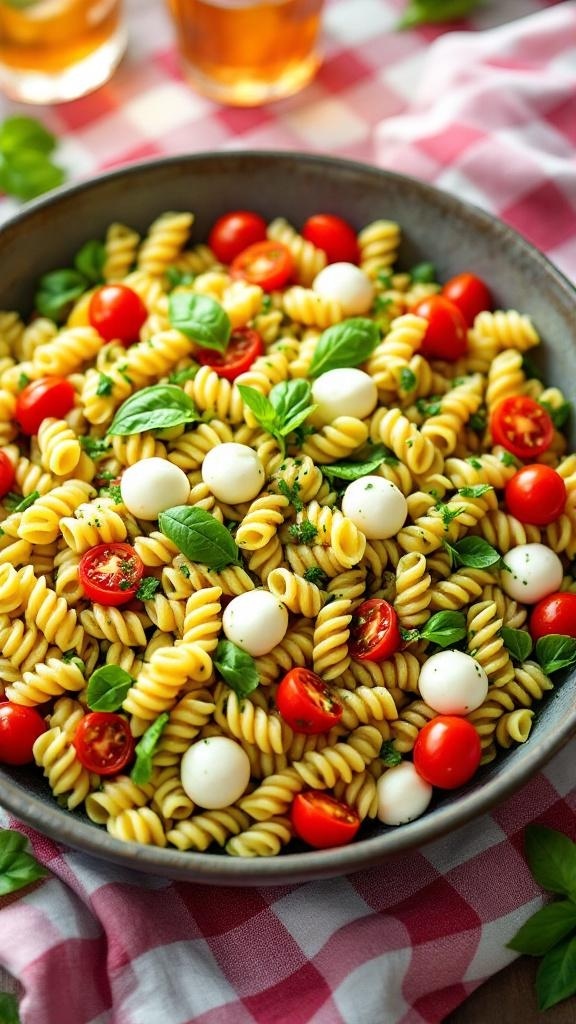 A bowl of colorful pesto pasta salad with rotini, cherry tomatoes, mozzarella balls, and fresh basil.