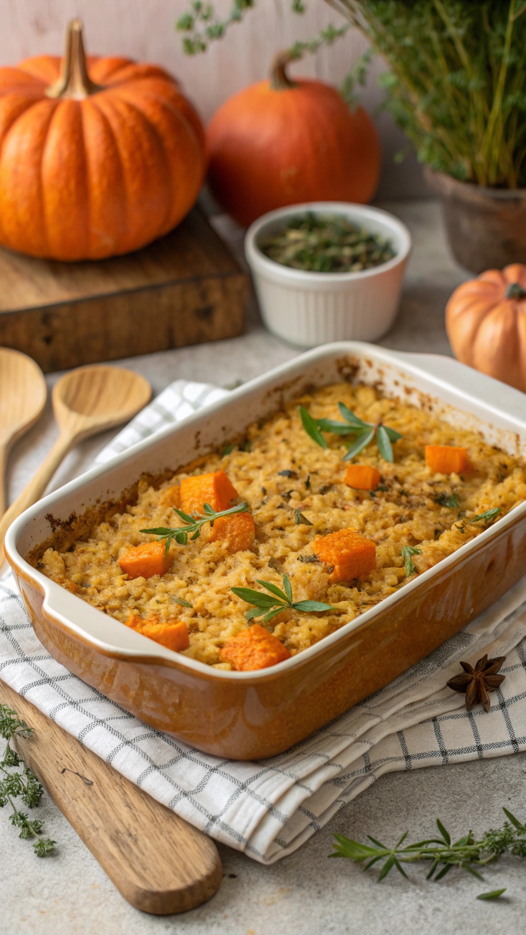 A cozy pumpkin and rice casserole topped with herbs, surrounded by pumpkins and wooden utensils.