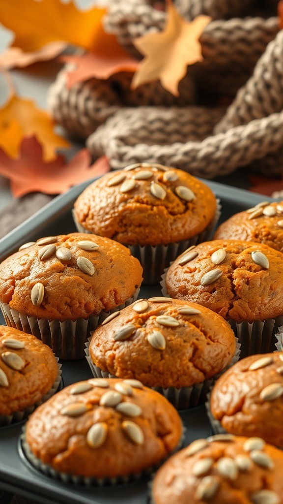 A tray of freshly baked pumpkin spice muffins topped with pumpkin seeds, surrounded by autumn leaves.