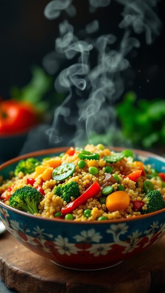 A colorful bowl of quinoa and vegetable stir-fry with steam rising, showcasing vibrant vegetables like broccoli, bell peppers, and carrots.