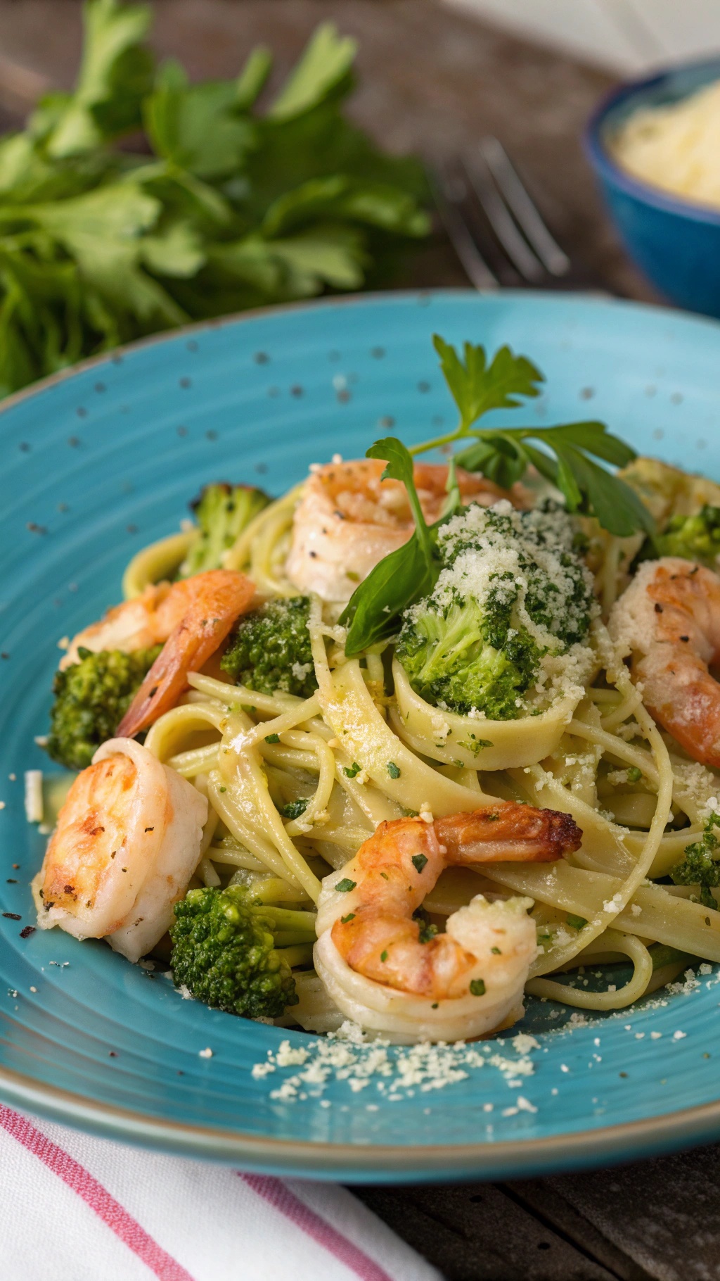 A plate of shrimp and broccoli pasta garnished with parsley and Parmesan cheese.