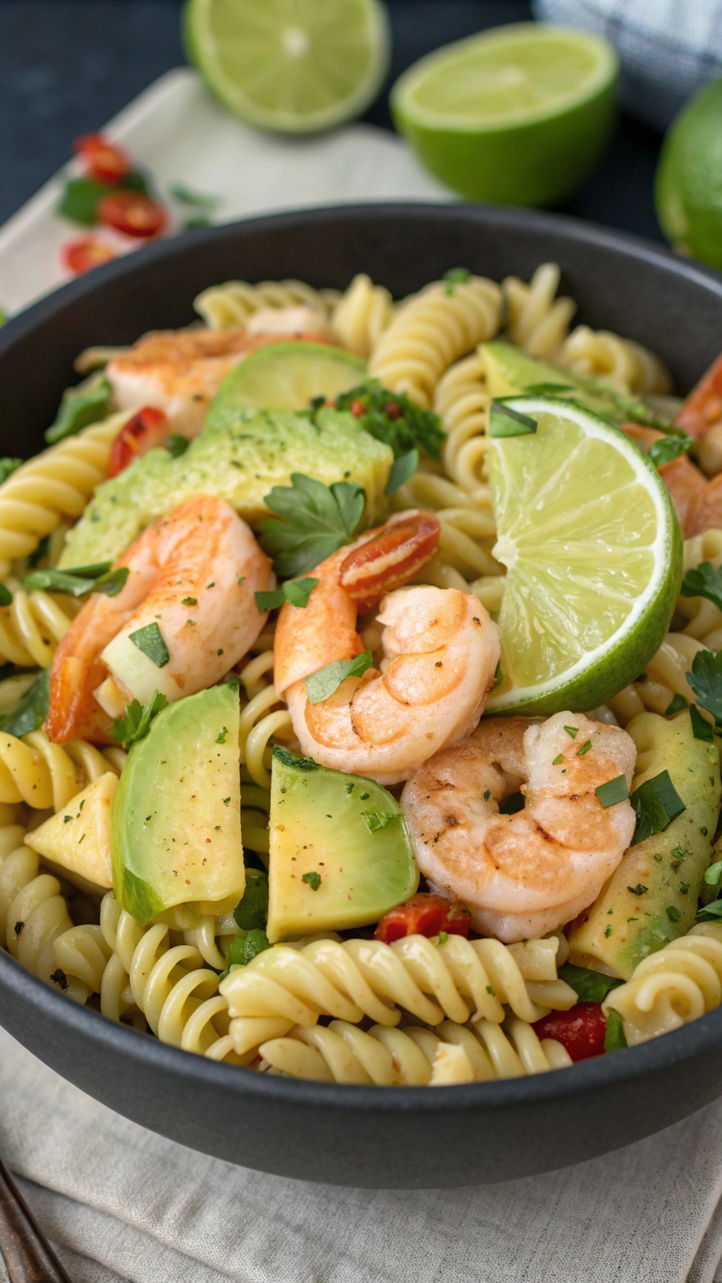 A bowl of shrimp pasta salad with avocado, tomatoes, and lime slices.