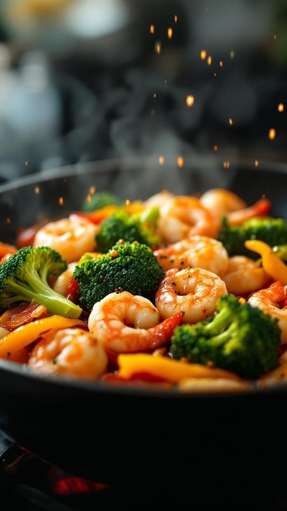 Shrimp stir-fry with broccoli and bell peppers in a skillet