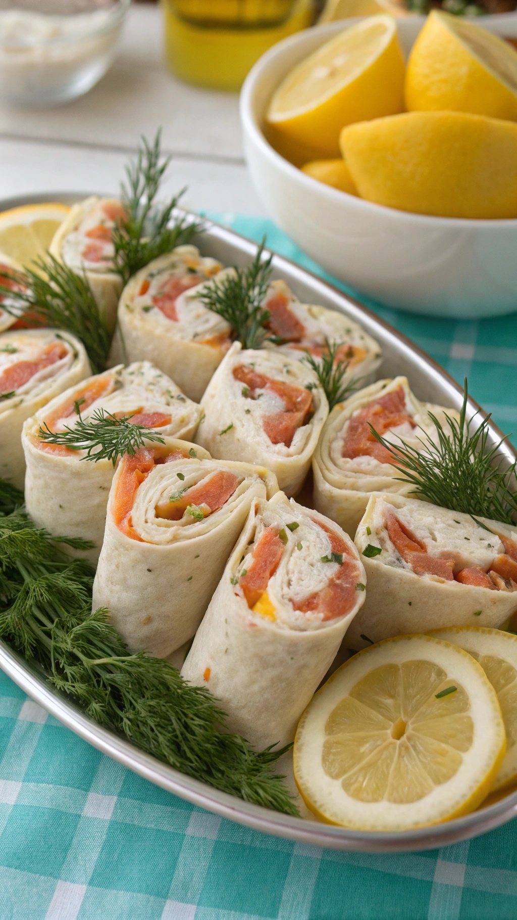 Smoked salmon and cream cheese wraps arranged on a platter with lemon slices.