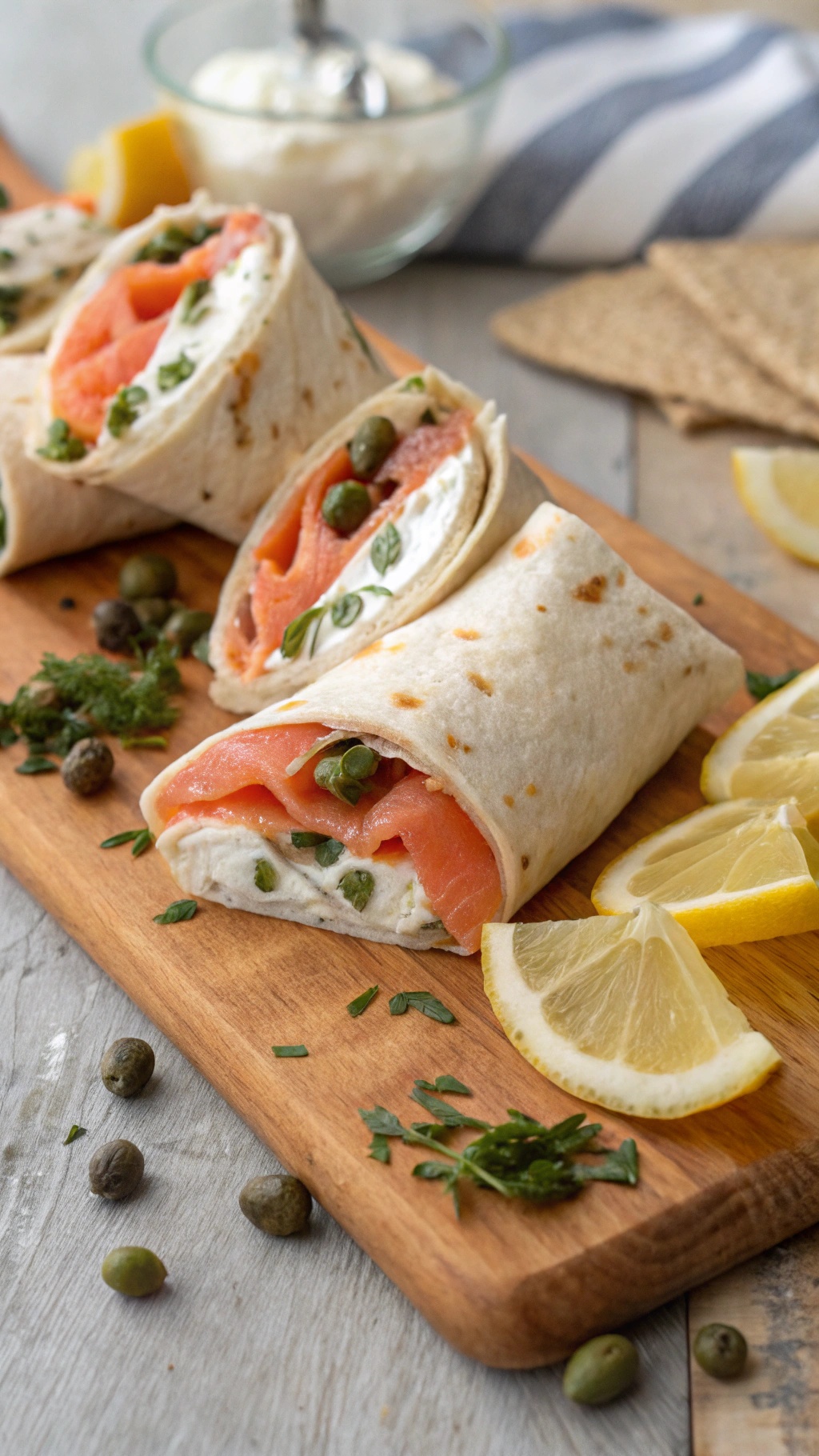 Smoked salmon and cream cheese wraps on a wooden board with lemon slices.