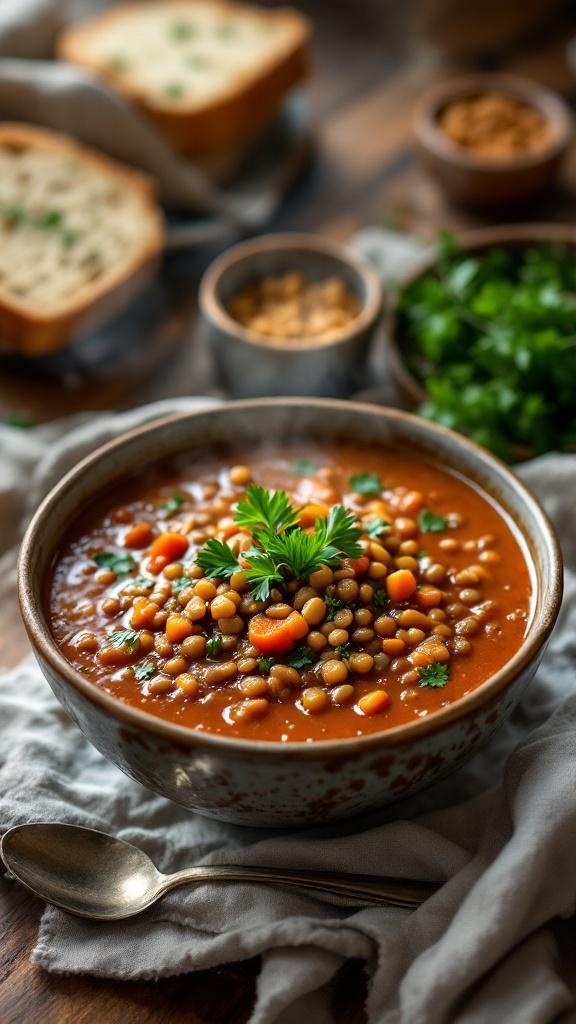 A bowl of lentil soup with carrots and herbs, surrounded by bread and ingredients.