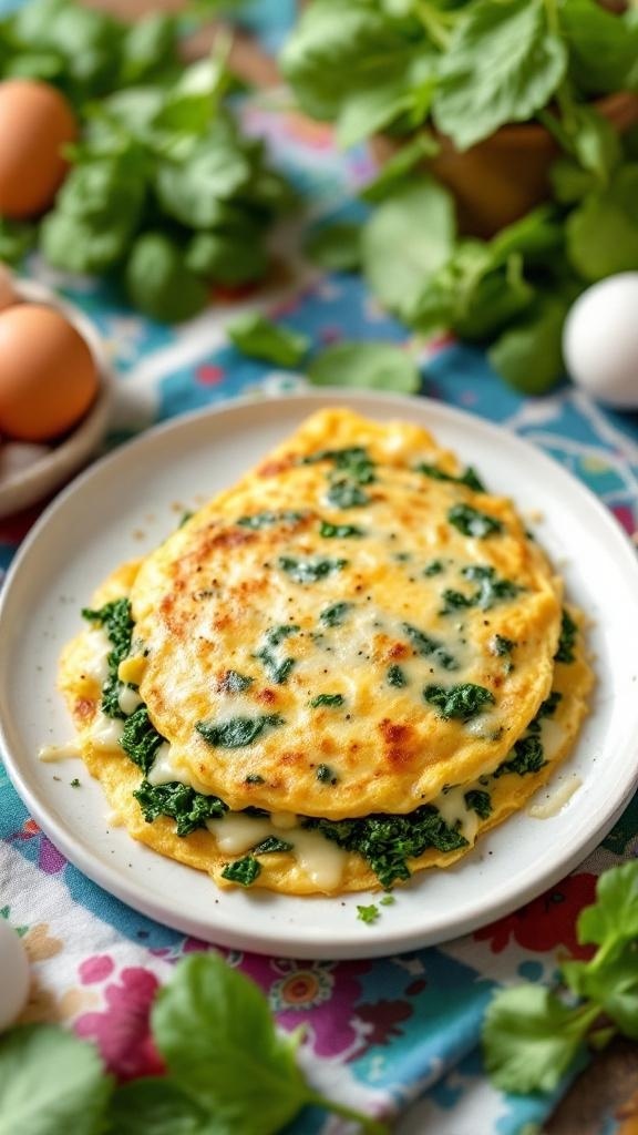 A delicious spinach and cheese omelette served on a plate, surrounded by fresh ingredients.
