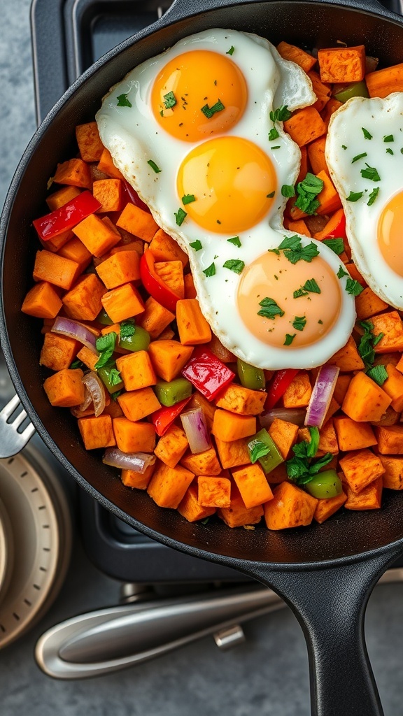 A skillet filled with sweet potato hash topped with three sunny-side-up eggs and garnished with parsley.