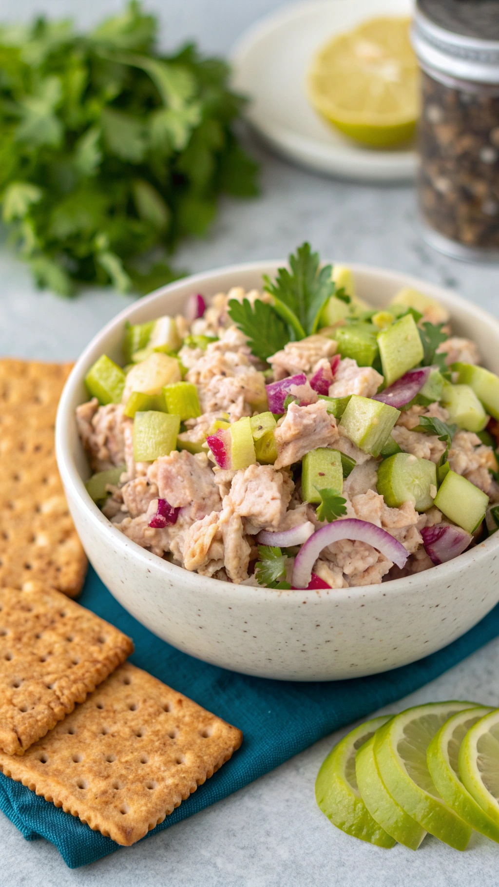 A bowl of tuna salad with crunchy veggies, served with whole-grain crackers and lime slices.