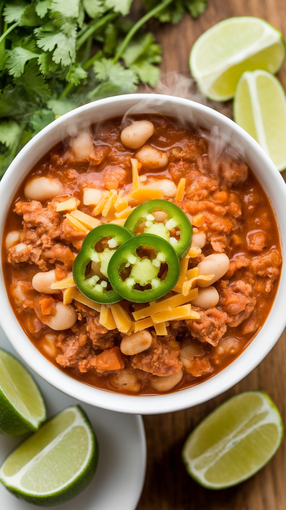 A bowl of turkey and white bean chili topped with cheese and jalapeños, surrounded by lime wedges and fresh cilantro.